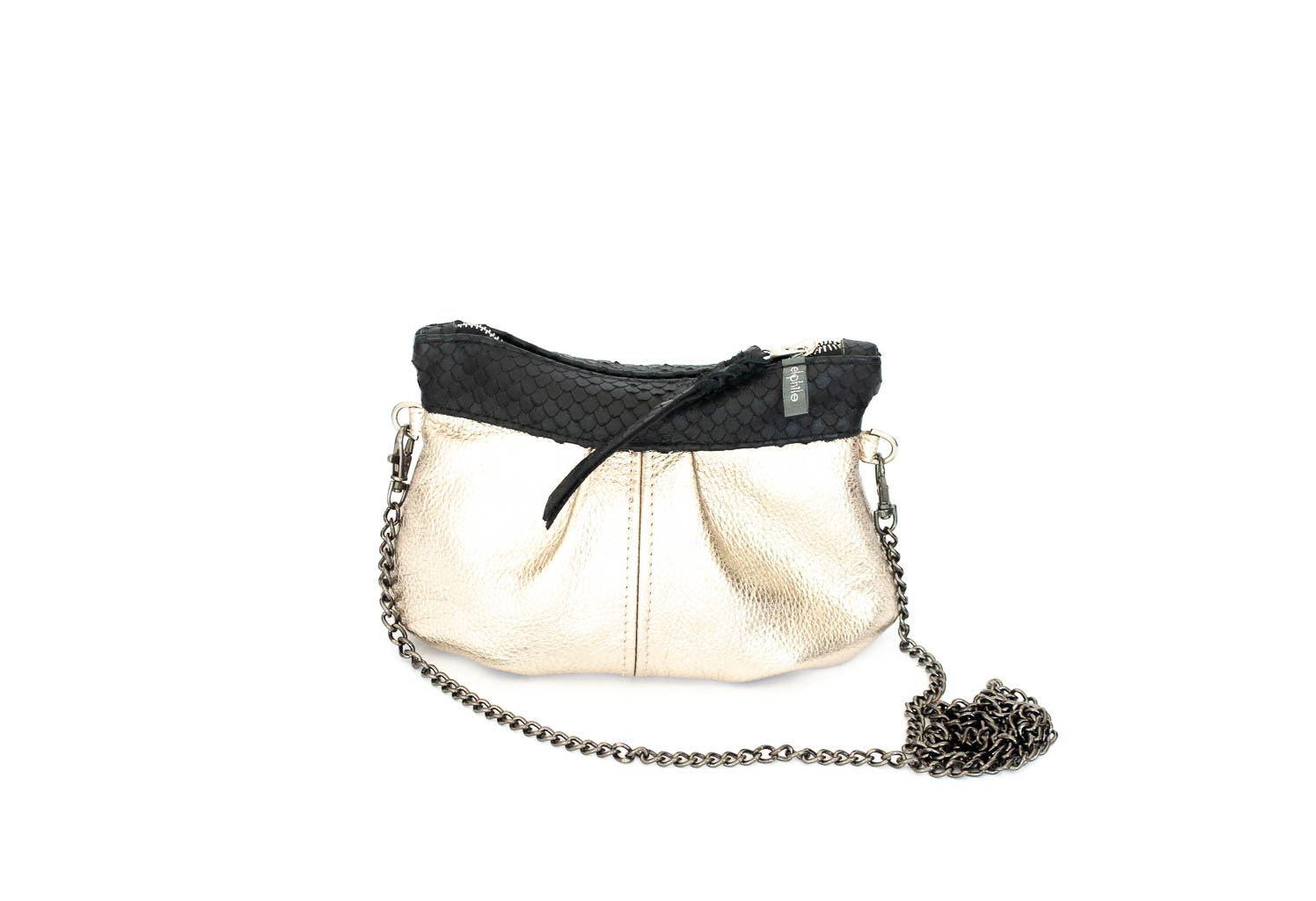 black-withe-gold-leather-bag Picture of the front of shiny leather purse.