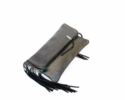 Picture of the bronze leather foldover with fringes.