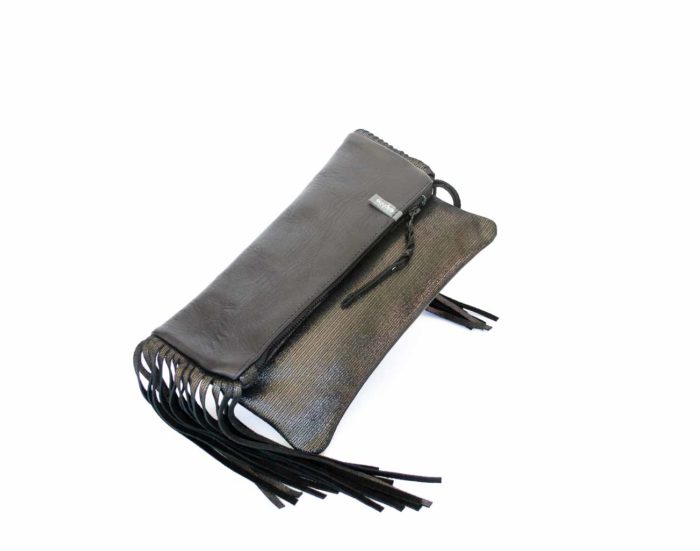 Picture of the bronze leather foldover with fringes.