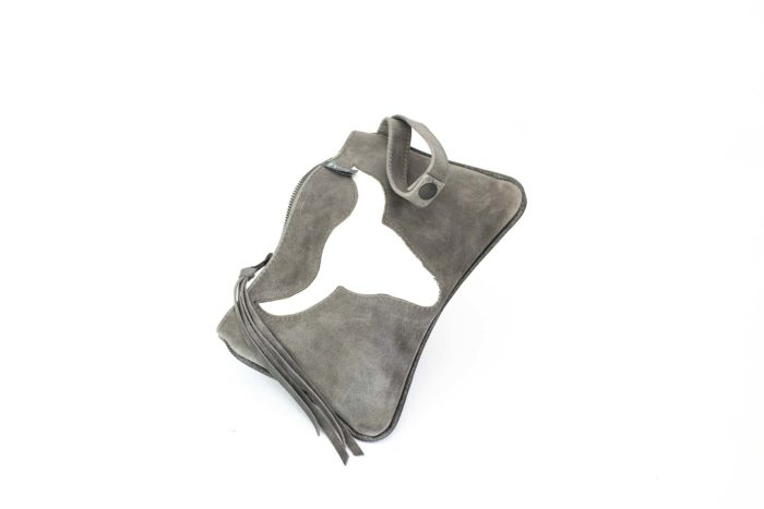 Little purse in dark grey authentic leather featuring a longhorn motif on.