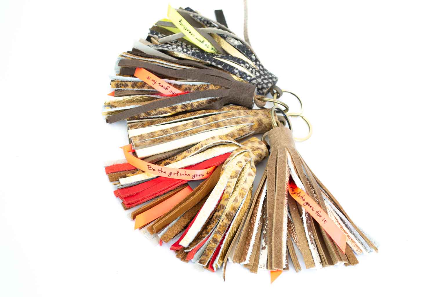 Fringe-leather-keychain-elphile Fringe leather keychains made in genuine leather.