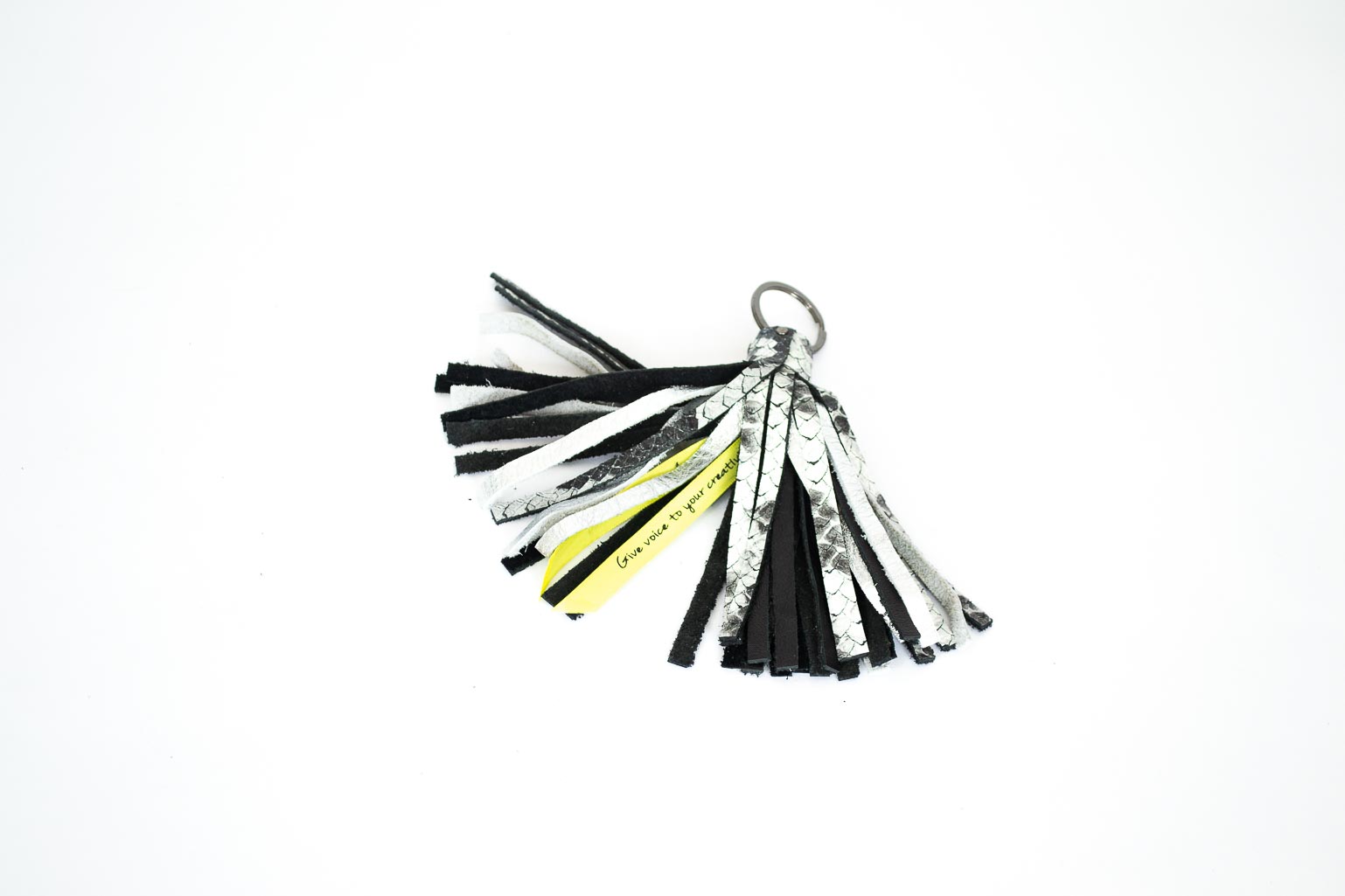 python-black-cowhide-tassel Tassel with keychain in Python print and black.