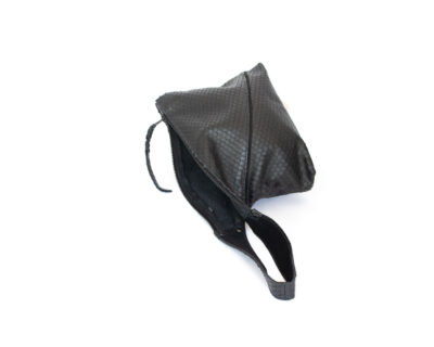 Close-up of the back of the Z clutch in black leather.