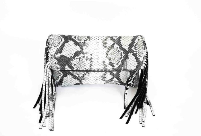 Picture of the front of the large python clutch in python print leather.