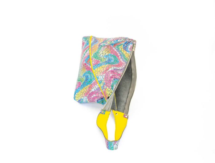 Close up of the large zipped opening of the Z handbag.