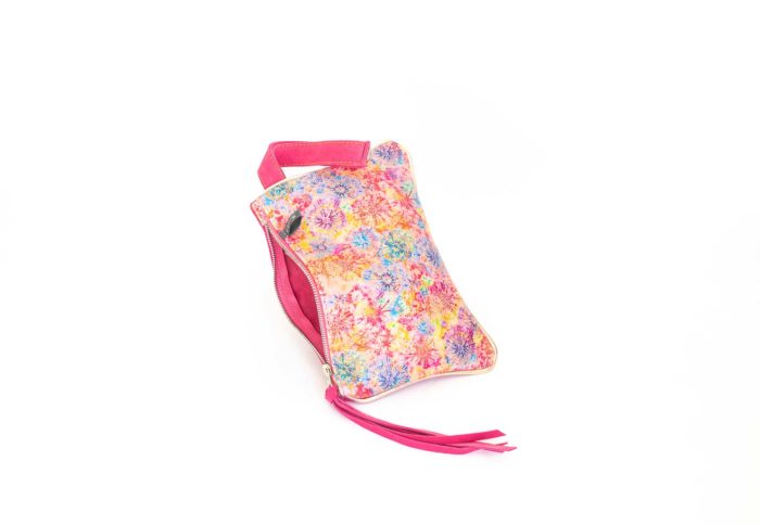 Image of the pink and flowers printed leather coin pouch handmade by elphile.