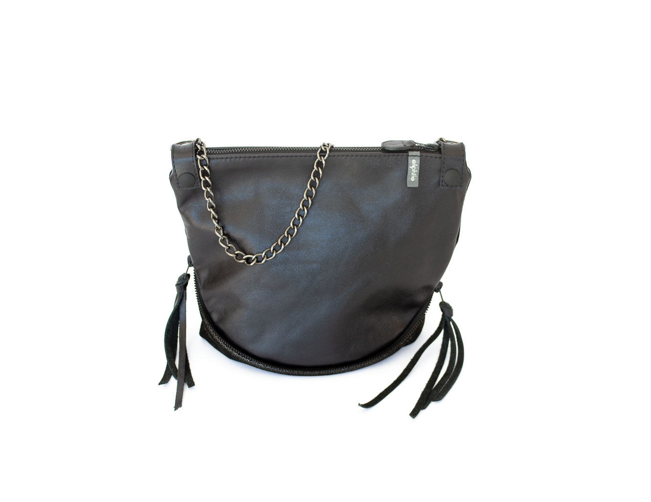 bag_side_zippers_elphile Image of the black and dark chocolate leather Parisian bag with side zippers opened.