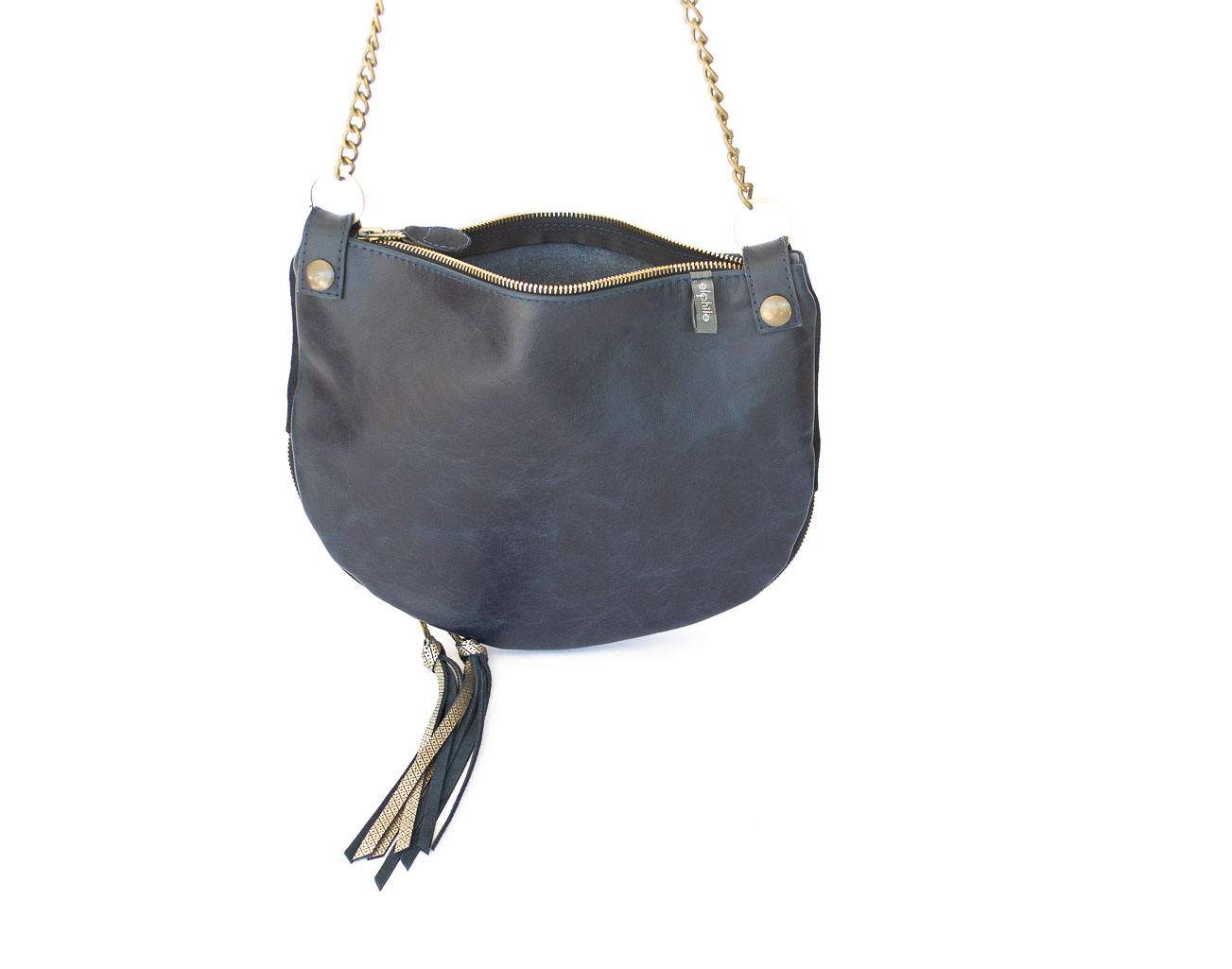 dark_blue_gold_shoulderbag Image of the navy blue and gold gusset Parisian shoulder bag.